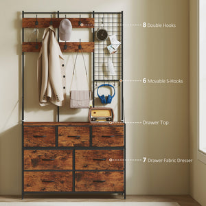 4-In-1 Coat Rack with 7 Drawer Fabric Dresser, Hall Tree with 14 Hooks for Hallway, Entryway, Bedroom, Rustic Brown