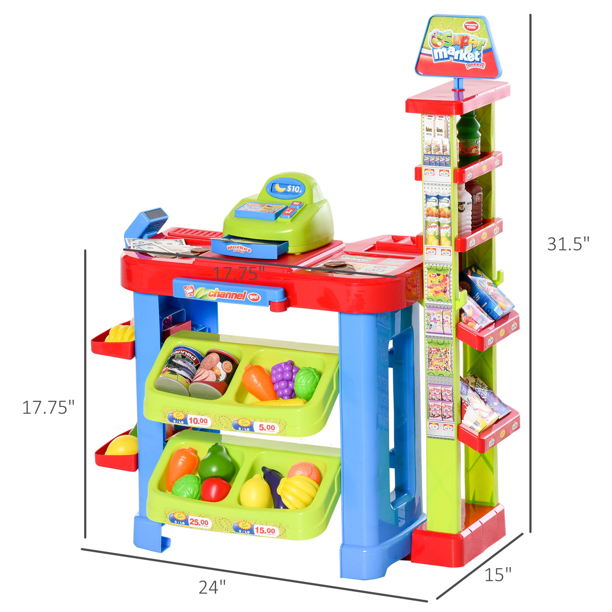 Qaba Kids Supermarket Playset with Cash Register – 50-Piece Grocery Store Pretend Play Toy with Checkout Counter for Boys & Girls Ages 3–6