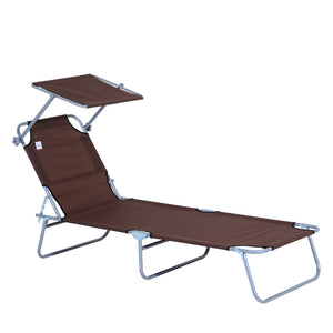 Outdoor Lounge Chair, Adjustable Folding Chaise Lounge, Tanning Chair with Sun Shade for Beach, Camping, Hiking, Backyard, Brown