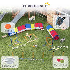 Dog Agility Training Equipment, 11-Piece Dog Obstacle Course with Adjustable Hurdle & Ring, 3 Tunnels, Weave Poles