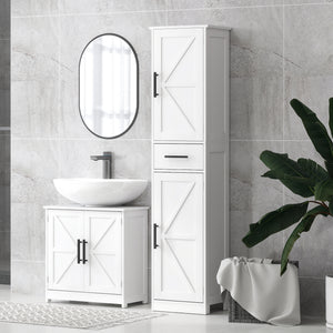 Farmhouse Pedestal Sink Storage Cabinet, Bathroom Under Sink Cabinet with 2 Barn Doors and Adjustable Shelf, White