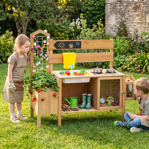 Mud Kitchen for Kids with Detachable Bird Cage and Stoves-Natural view 3
