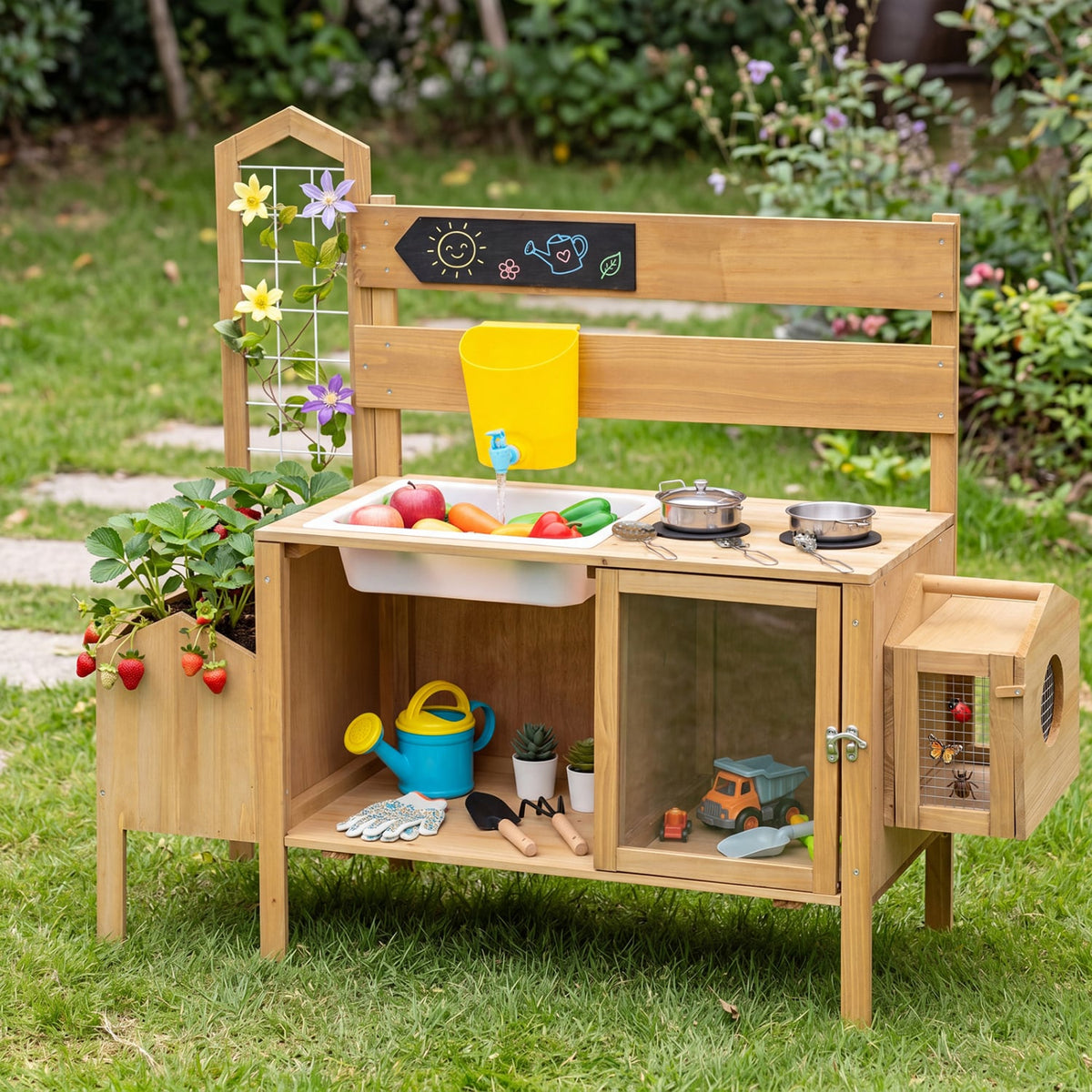 Mud Kitchen for Kids with Detachable Bird Cage and Stoves-Natural view 2