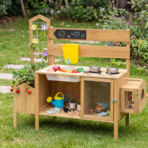 Mud Kitchen for Kids with Detachable Bird Cage and Stoves-Natural view 2