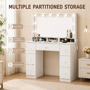 Vanity Desk with 10 Dimmable LED Lights, Mirror Dressing Table with 7 Drawers and Charging Station, White