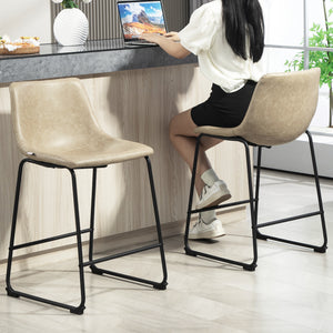 Counter Height Bar Stools Set of 2, Vintage PU Leather Bar Chairs, Kitchen Stool with Footrest, Beige