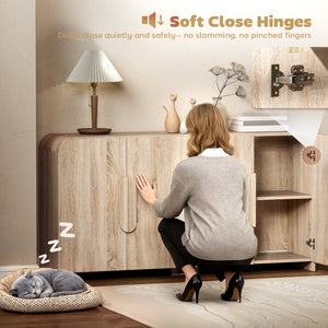 Sideboard Buffet Cabinet, 62" Modern Kitchen Storage Cabinet with Soft-Close Doors and Adjustable Shelves, Natural Wood