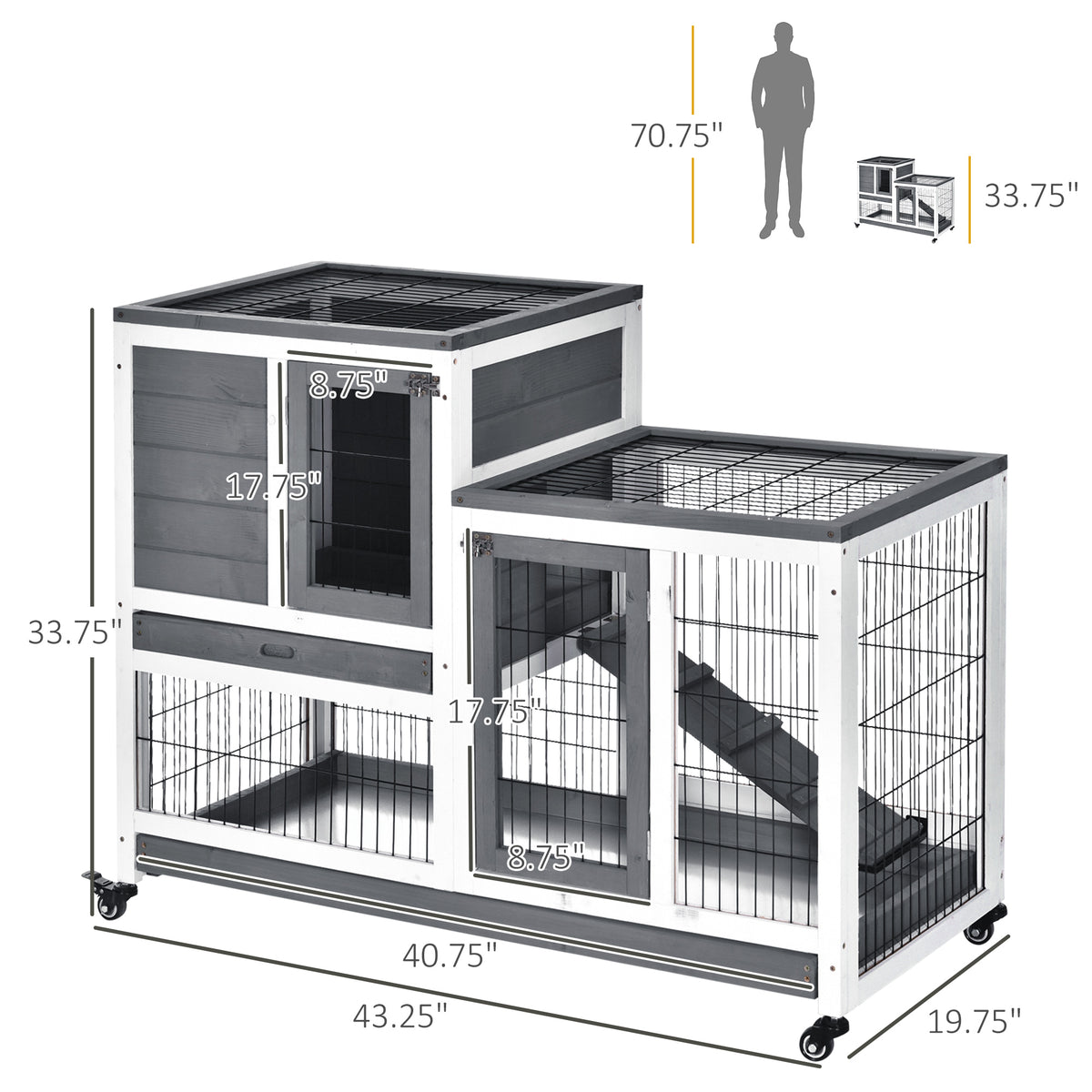 Wooden Rabbit Hutch, Indoor Bunny Cage with Wheels, Pull Out Trays, Run, Grey