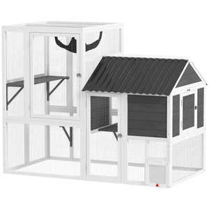 Catio Outdoor Cat Enclosure, 63" L Large Cat House with 4-Way Adjustable Door, Private House, Hammock, 2 Platforms