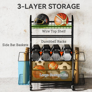 Soozier Garage Sports Equipment Organizer, Rolling Home Gym Storage Rack with Wheels, Dumbbell Rack and Ball Storage Holder