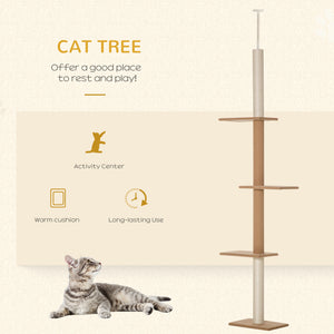 100" Floor To Ceiling Cat Tree w/ 3 Perches Activity Center for Kittens Cat Tower Furniture, Brown