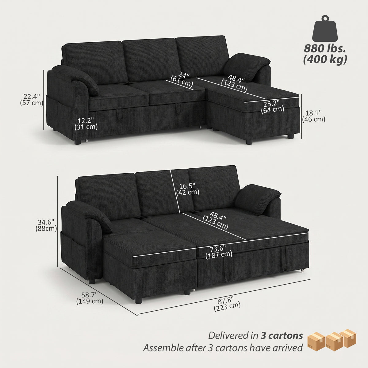 Sectional Sofa Bed Reversible Pull Out Sleeper Sofa Storage Ottoman, Black