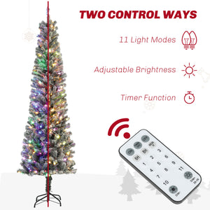 6ft Prelit Pencil Artificial Christmas Tree, Flocked Xmas Tree with Remote, Dual Colour LEDs, 429 Tips, Metal Stand