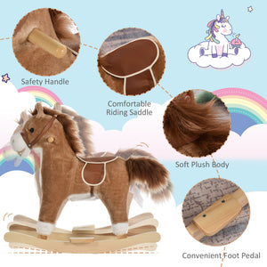 Qaba Kids Rocking Horse Plush Animal on Wooden Rockers with Sounds, Wooden Base, Baby Rocking Chair, Brown
