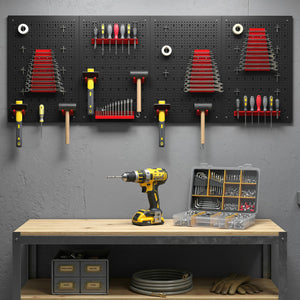 38 Piece Metal Peg Board with Accessories, Shelf Tool Organizer, Black and Red