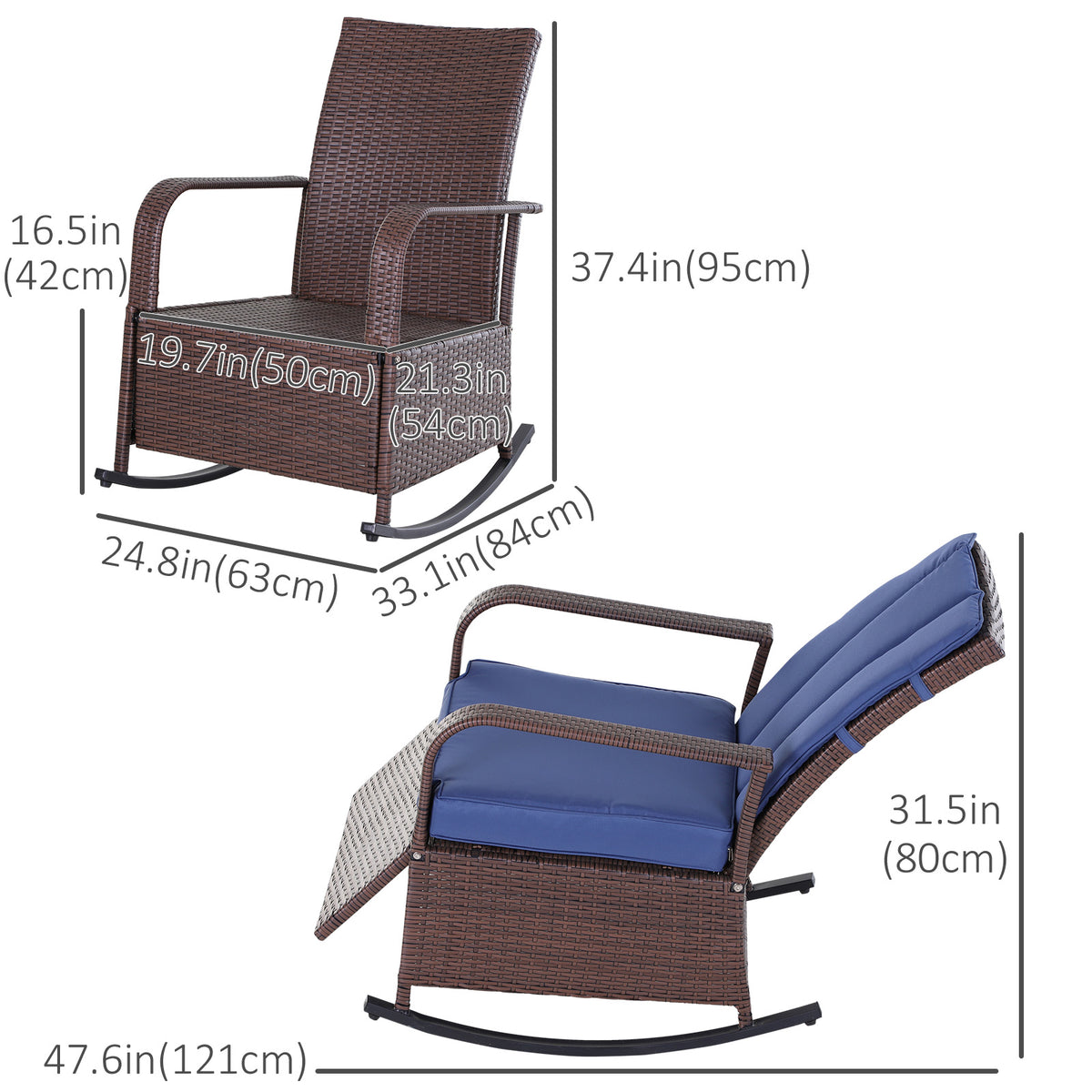 Outdoor Wicker Rocking Chair with Cushion, Patio PE Rattan Recliner Chair with Adjustable Footrest – view 2