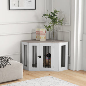 Dog Crate Furniture with Cushion, 41 Inch Corner Design Dog Crate End Table for Medium Dogs, Multi Colour