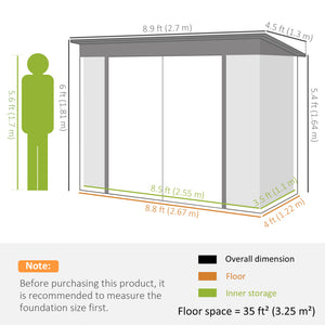 9' x 4' Galvanized Steel Garden Storage Shed with Lockable Doors, Gloves and 2 Air Vents for Backyard, Patio, Lawn