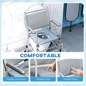 Rolling Shower Chair, Bedside Commode Wheelchair with Padded Seat, Backrest, for Seniors, Disabled, 300 lbs, Grey