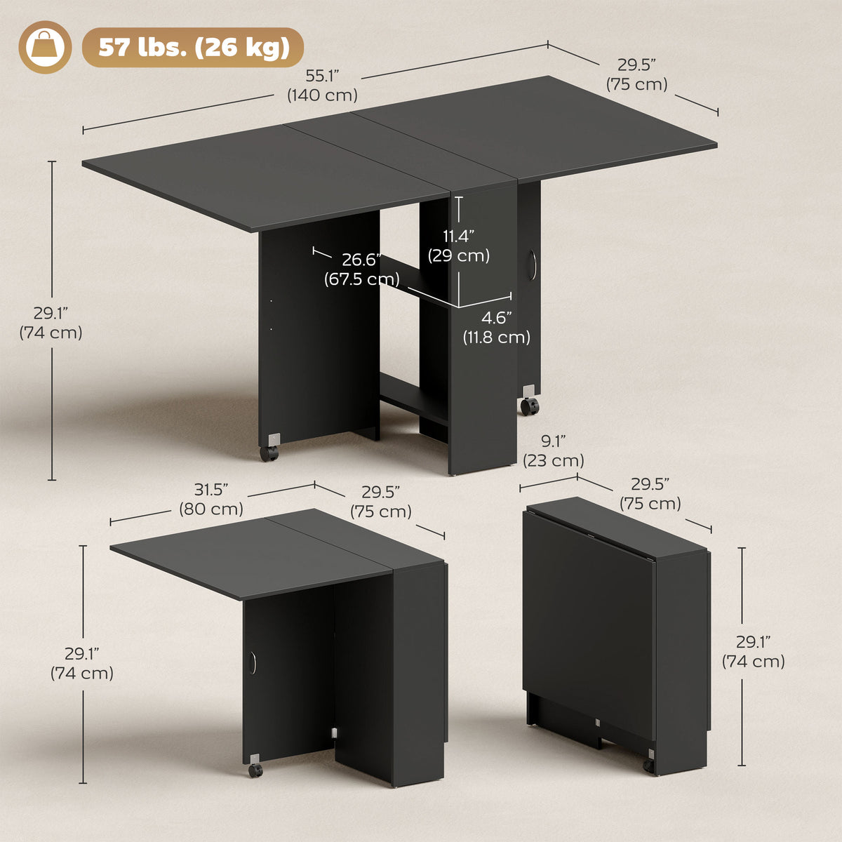 Extendable Dining Table, Collapsible Folding Table w/ 2-tier Shelves and Rolling Casters, Black