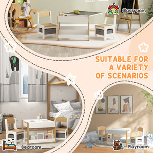 Qaba 3 Piece Kids Table and Chair Set with Reversible Tabletop, Blackboard, Storage, Bookshelf, for Playroom, Nursery