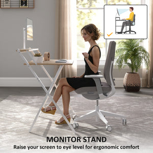 Folding Computer Desk, 32" Foldable Desk with Monitor Shelf for Small Space, Home Office, Easy Assembly, Natural Wood