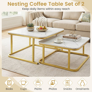 Nesting Coffee Table Set of 2 with Faux Marble Top and Metal Frame-White view 8