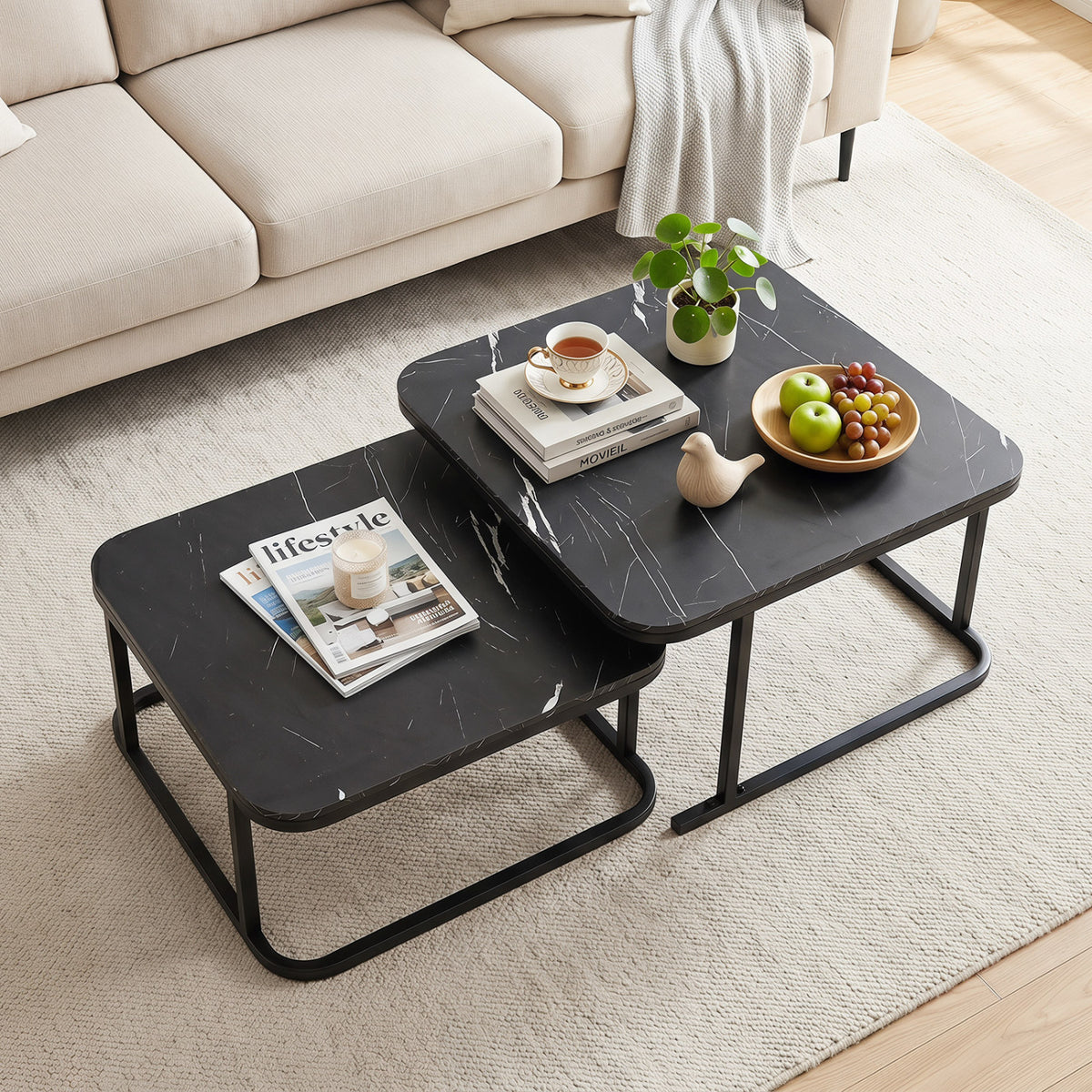 Nesting Coffee Table Set of 2 with Faux Marble Top and Metal Frame-Black view 2