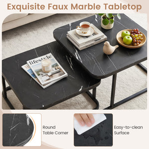 Nesting Coffee Table Set of 2 with Faux Marble Top and Metal Frame-Black view 9
