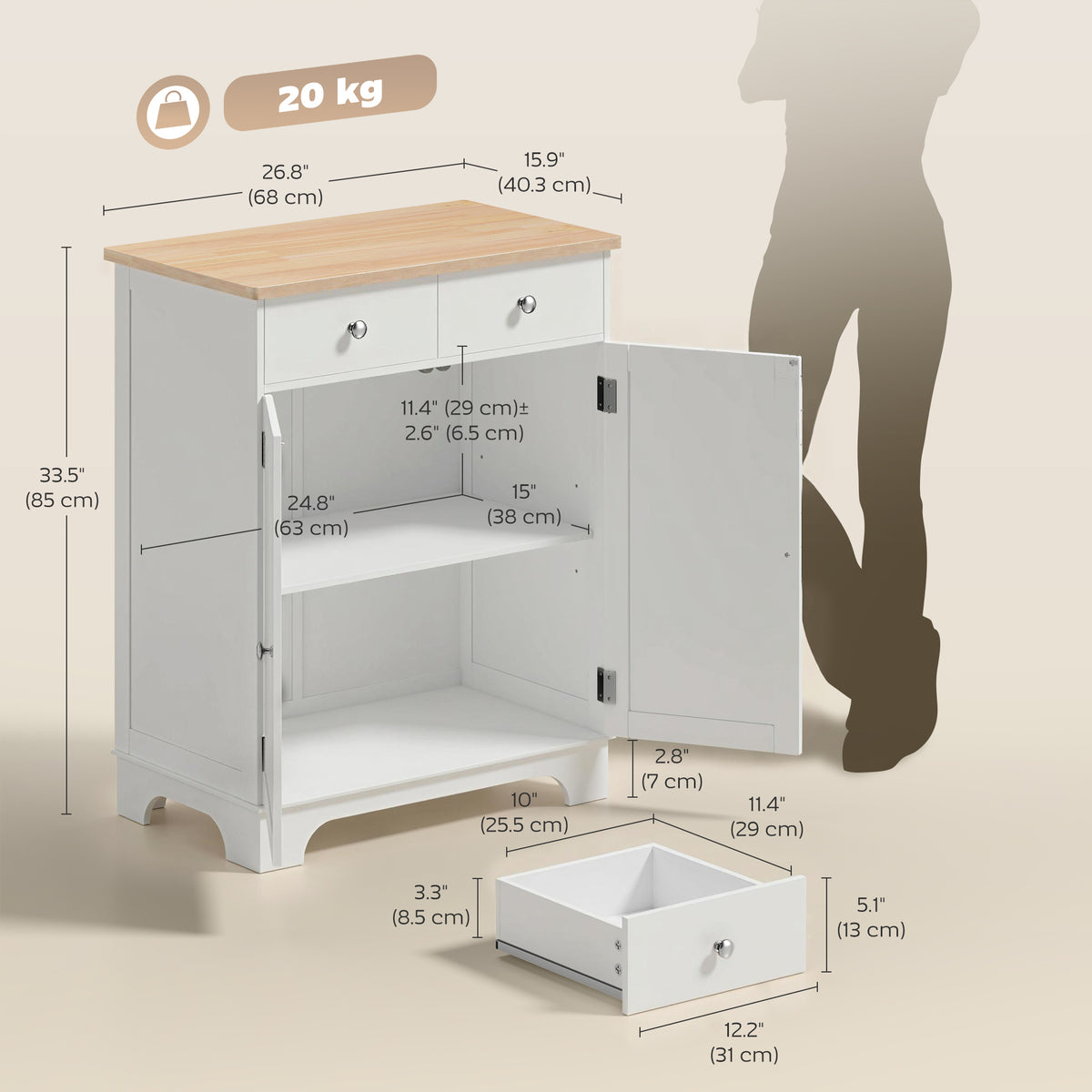 Sideboard Buffet Cabinet with Storage, 27" Kitchen Cabinet with Adjustable Shelf, 2 Drawers and 2 Doors – view 2
