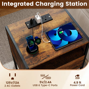 Nightstand with Charging Station Bedside Table with USB Ports and Outlets-Rustic Brown view 7