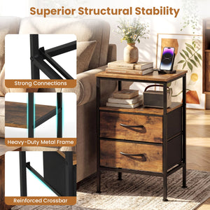 Nightstand with Charging Station 24.5 inch Modern Bedside Table with 2 Fabric Drawers-Rustic Brown view 8