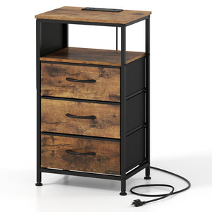 Nightstand with Charging Station 27.5 inch Modern Bedside Table with 3 Fabric Drawers-Rustic Brown