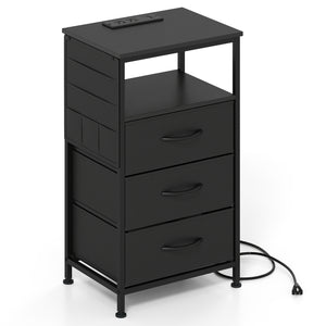Nightstand with Charging Station 27.5 inch Modern Bedside Table with 3 Fabric Drawers-Black view 4