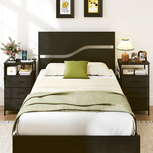 Nightstand with Charging Station 27.5 inch Modern Bedside Table with 3 Fabric Drawers-Black view 6