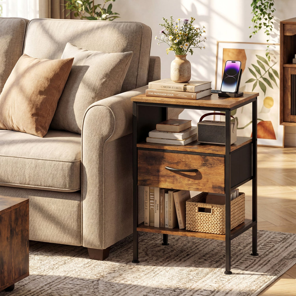 Nightstand with Charging Station 24.5 inch Modern Bedside Table with Fabric Drawer-Rustic Brown view 2