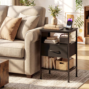 Nightstand with Charging Station 24.5 inch Modern Bedside Table with Fabric Drawer-Black view 2
