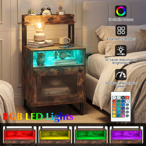 Nightstand with LED Lights Modern End Table with Top Tray Open Compartment and Storage Cabinet-Rustic Brown view 7