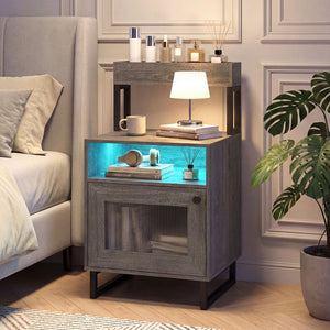 Nightstand with LED Lights Modern End Table with Top Tray Open Compartment and Storage Cabinet-Gray view 6