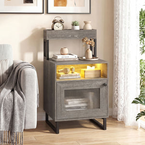 Nightstand with LED Lights Modern End Table with Top Tray Open Compartment and Storage Cabinet-Gray view 2