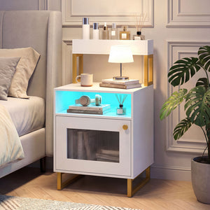 Nightstand with LED Lights Modern End Table with Top Tray Open Compartment and Storage Cabinet-White view 6
