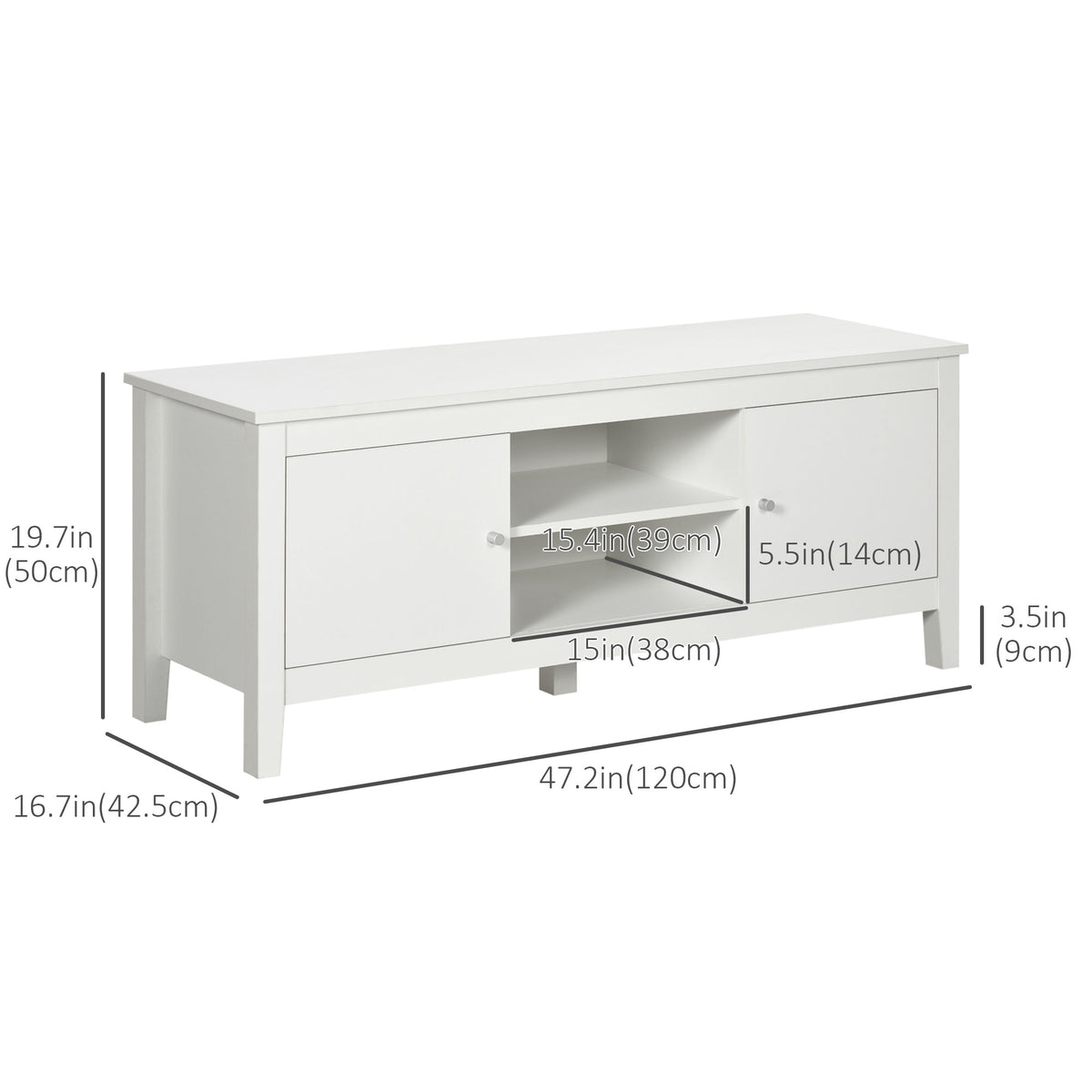 Modern TV Stand for TVs up to 55", TV Bench with Storage Cupboards and Shelves, 47.2" x 16.7" x 19.7", White