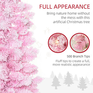 6 Foot Prelit Snow Flocked Artificial Christmas Tree with Pencil Shape, 500 Pine Realistic Branches, Warm White LED lights, Auto Open, Pink and White