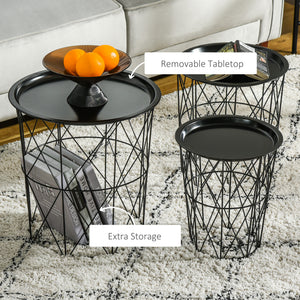 Set of 3 Nesting Coffee Tables with Storage, Round End Table with Removable Tray, Basket Side Tables with Metal Frame for Living Room, Black