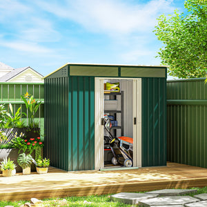 6.5x4FT Galvanised Metal Shed with Foundation Kit, Lockable Garden Tool Storage House with Sliding Doors – view 14