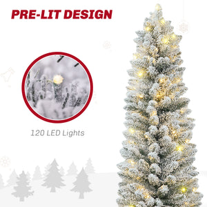 5ft Artificial Prelit Christmas Tree with Warm White LED Light, Snow Flocked Branches, Metal Base, Pencil Xmas Tree