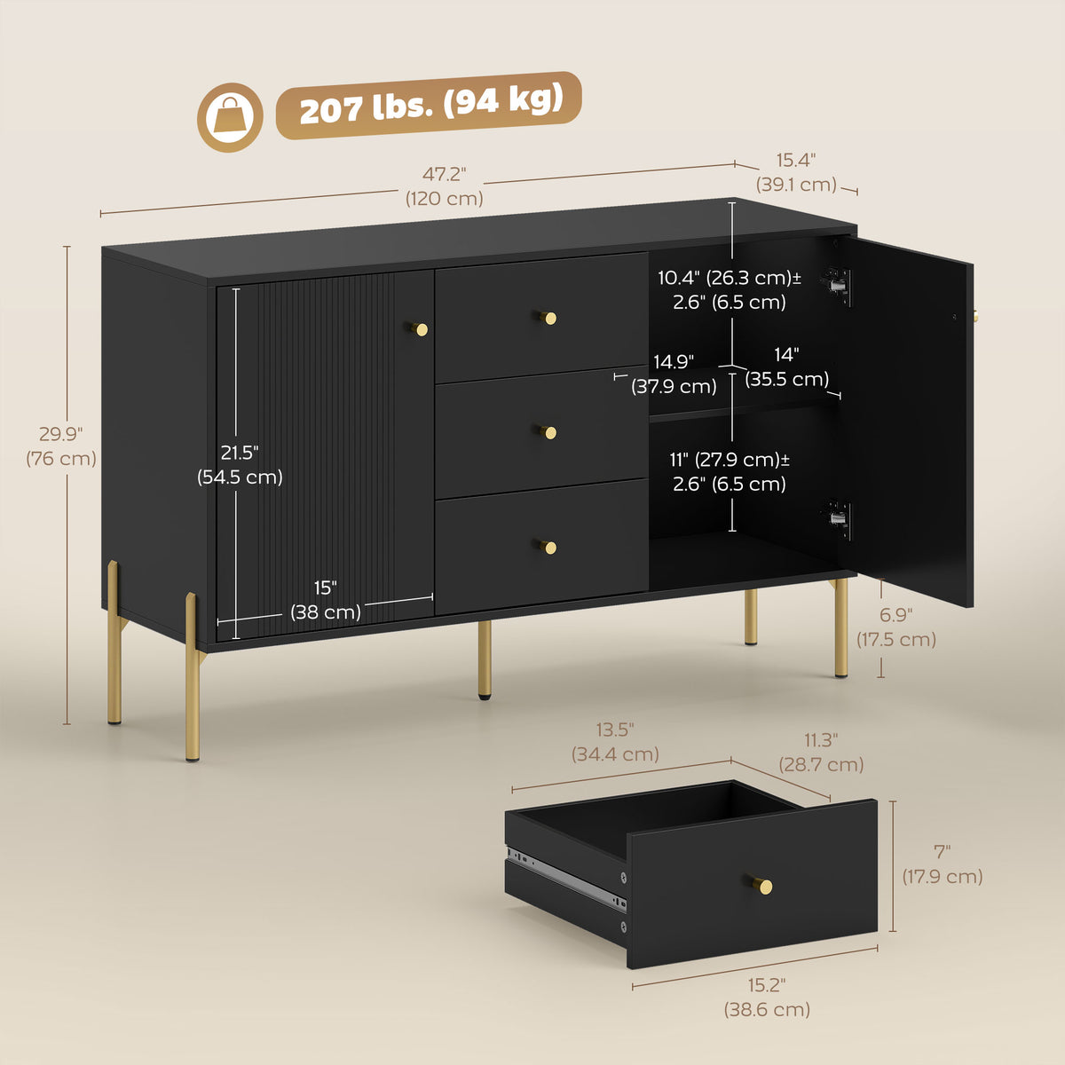 Buffet Cabinet, Modern Sideboard with 3 Soft-Close Drawers and 2 Adjustable Shelves for Living Room – view 2