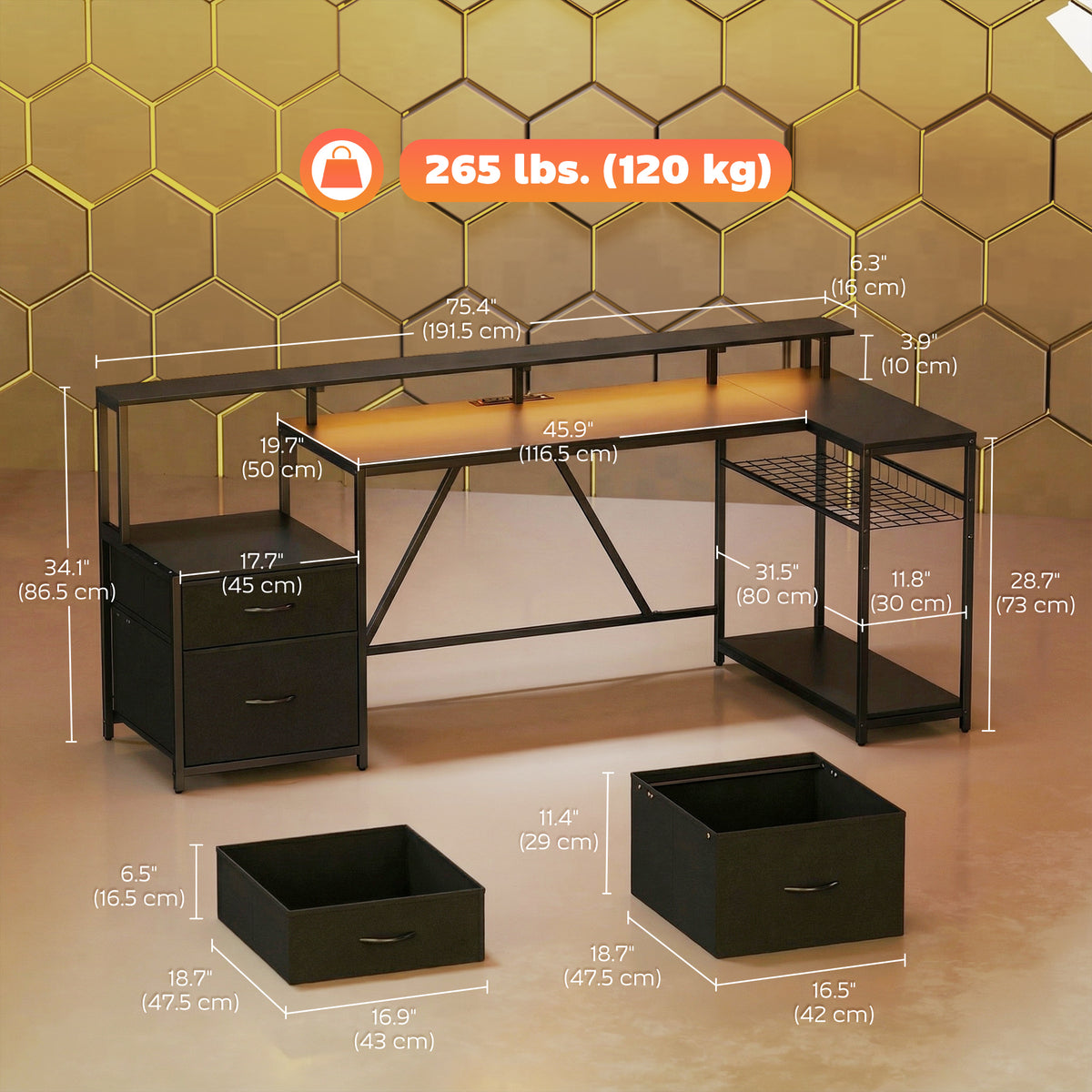 76" Gaming Desk, Reversible Computer Table with RGB Lights, USB Ports, Monitor Stand and 2 Fabric Drawers – view 2