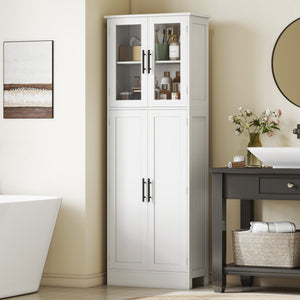 Tall Bathroom Cabinet with Glass Doors, Space-Saving Unit with Adjustable Shelves, Freestanding Storage, White