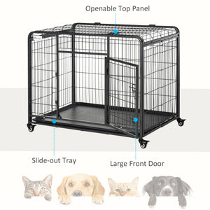 Folding Heavy Duty Dog Crate Heavy Duty Cage for Large Sized Dogs with Double Doors, Lockable Wheels Tray, 43" x 28" x 31"